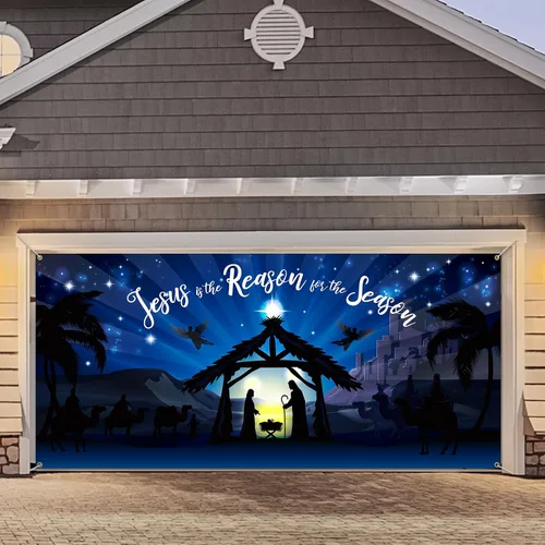 Vista 4 de Qeeenar Decoraciones Navideñas para Puerta de Garaje Establo de la Natividad Cubierta de Puerta de Garaje 6 x 13 pies Pesebre para Escena