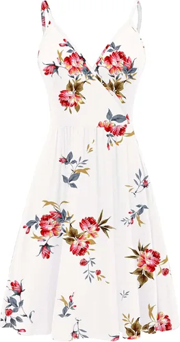 Vista 2 de Weaczzy Vestido veraniego informal con tirantes delgados, para mujer, con vuelo, estampado floral, bolsillos, informal, cuello en V