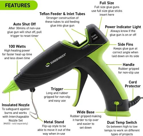 Vista 3 de Surebonder Pistola de Pegamento Caliente y Barras de Pegamento, Pistola de Pegamento Caliente de Tamaño Completo de 100W de Doble Temperatura con 20