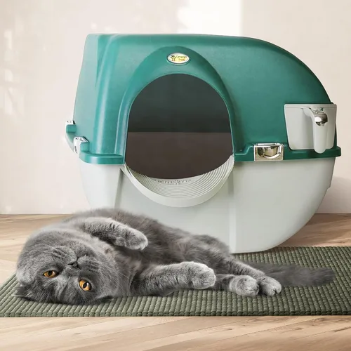 Vista 6 de Omega Paw VMRA20-1-PR Premium Roll 'N Clean - Caja de arena grande autolimpiante con escalón de arena integrado y parrilla de tamizado única, verde