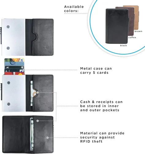 Vista 4 de Print Supremacy Cartera de cuero con funda de metal para tarjetas de crédito con cierre magnético (hasta 5 tarjetas), interruptor de plástico con 2