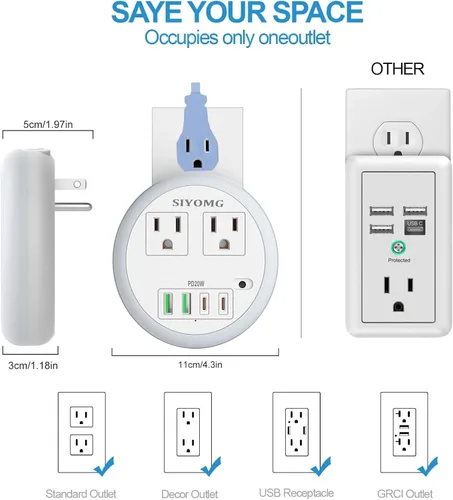 Vista 3 de Luces LED nocturnas enchufables a la pared, luz nocturna enchufable con 4 puertos USB y 2 tomacorrientes, sensor inteligente de atardecer a