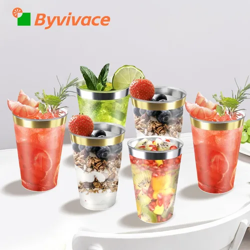 Vista 4 de Byvivace Vasos de plástico transparente de 12 onzas con borde dorado, resistentes y aptos para alimentos, desechables, copas de vino, copas de boda