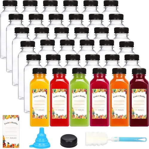 Vista 10 de Moretoes 36 botellas de jugo de 4 onzas, botellas pequeñas de plástico con tapas, recipientes transparentes reutilizables con tapas para jugos