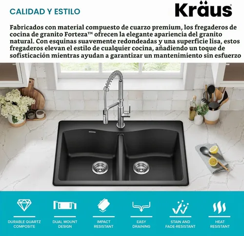 Vista 2 de Kraus Forteza - Fregadero de cocina de doble seno 50/50 de granito de instalación empotrada/sobre encimera, 33 pulgadas, color negro (KGD-52BLACK)