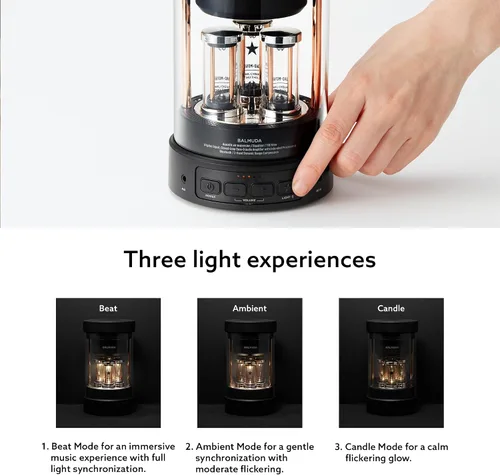Vista 6 de BALMUDA El altavoz Altavoz Bluetooth portátil Sonido de cristal 3D y espectáculo de luz LED Recargable USB-C 3 modos de luz: vela