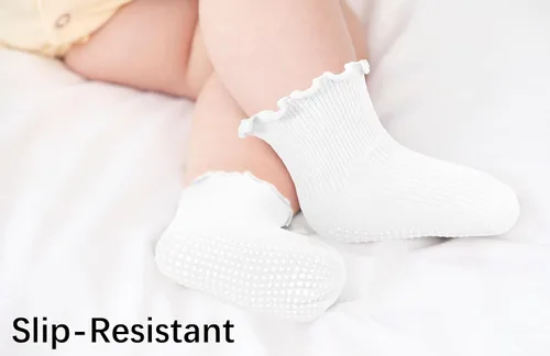 Vista 2 de Calcetines con volantes para niñas – Calcetines antideslizantes con puños – Calcetines de algodón suave con volantes para interiores