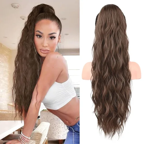 Vista 25 de FLUFYMOOZ Extensión de cola de caballo de 22 pulgadas, extensiones de cabello sintético ondulado largo y rizado para mujer