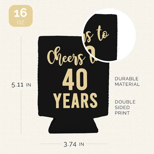 Vista 4 de Saludos a los 40 años – Juego de 12 enfriadores de latas dorados con el texto "40 Never Looked So Good", color negro y dorado para fiestas