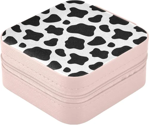 Vista 7 de PJGINUIUA Joyero cuadrado de viaje con estampado de vaca de piel sintética, pequeño organizador de joyas para mujeres y niñas, estuche portátil