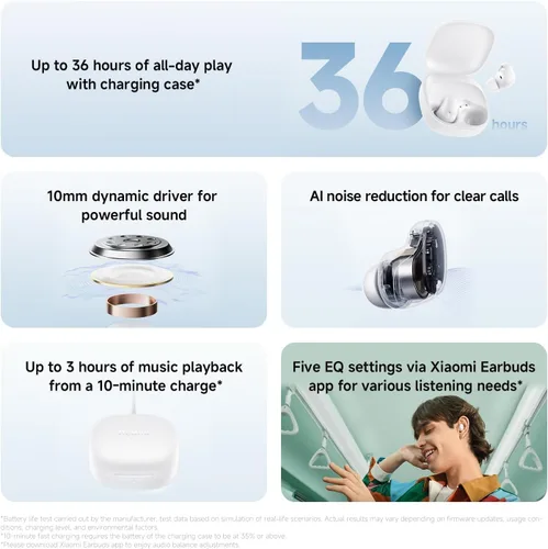 Vista 2 de Xiaomi Redmi Buds 6 Play Control dinámico de 10 mm Reducción de ruido AI Hasta 36 horas de duración de la batería Bluetooth® 5.4 Control
