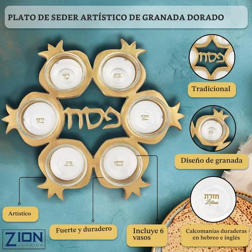 Vista 3 de Impresionante juego de seder de Pascua de granada – Plato artístico de seder con forma de granada y 6 platos de vidrio, cubierta de matzo de seda