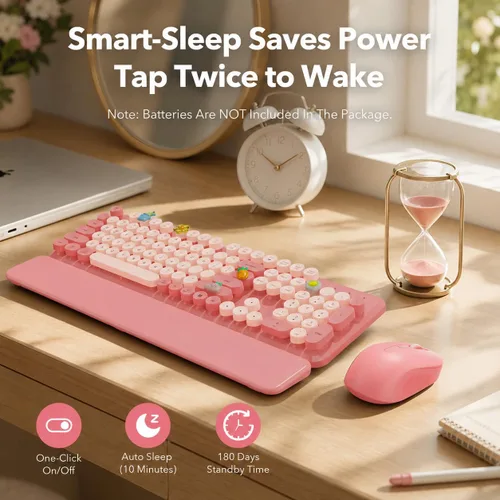 Vista 5 de Combo de teclado y mouse inalámbricos, teclado retro con teclas redondas, teclado estilo máquina de escribir de tamaño completo con reposamuñecas