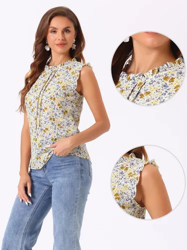 Vista 2 de Allegra K Blusa sin mangas para mujer, con volantes, para oficina, negocios, estilo vintage de los años 50, blusas florales