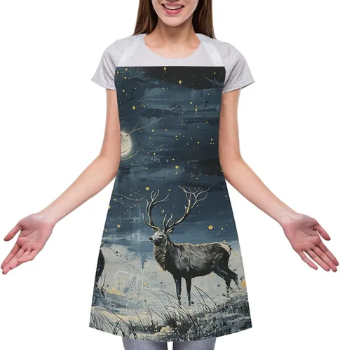 Vista 3 de MUSM Apron for Adults - 27.6 X 31.5 Inch, Heavy-Duty Polyester Aprons with Two Large Pockets, Waterproof Painting Under Moonlight Kitchen Apron for