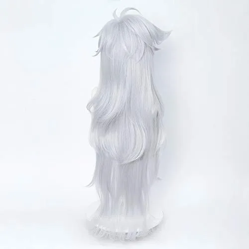 Vista 2 de Peluca blanca plateada para maquinilla de afeitar Cosplay Anime larga en capas con flequillo para fiesta de Halloween + gorra..