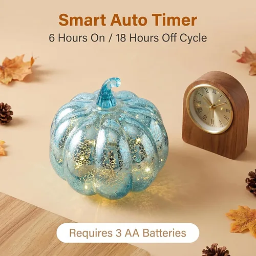 Vista 5 de Fall Decorations for Home,Mercury Glass Pumpkin Lights with Timer(Blue)