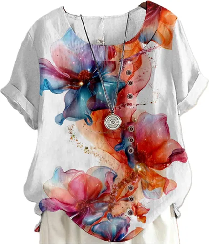 Vista 6 de domirica Camisetas de verano para mujer 2024 con estampado de flores, algodón, lino, manga corta, cuello redondo, camisas casuales de moda