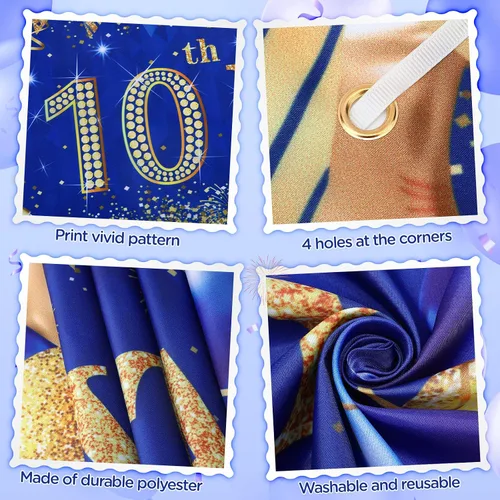 Vista 5 de Decoraciones de cumpleaños número 10 para niños pequeños, niños y niñas, azul marino y dorado, pancarta de fiesta de feliz cumpleaños de 18 piezas