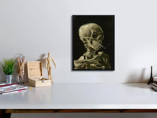 Vista 4 de Wieco Art Arte enmarcado Calavera de un esqueleto con cigarrillo ardiente, 1886 por Vincent Van Gogh lienzo arte de pared para decoración del hogar
