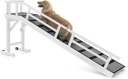 Vista 18 de Rampa para perros para cama o sofá, rampa de madera para mascotas con pendiente suave de 20°, rieles laterales extraíbles, superficie