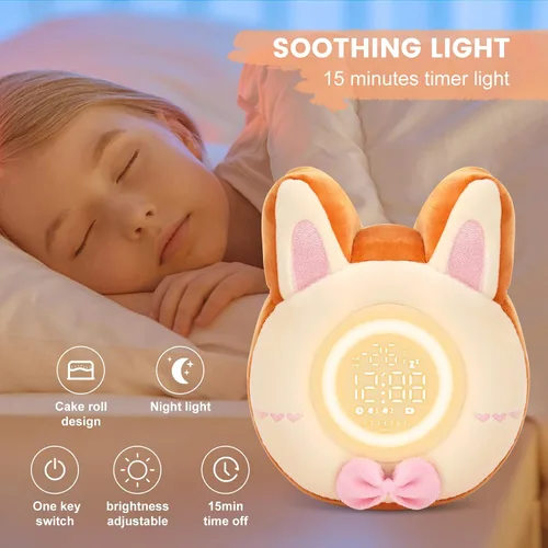 Vista 3 de QANYI Luz nocturna de conejo para niños, juguete de felpa suave con reloj despertador de conejo, luz de sueño para dormitorio, regalo, Navidad, Año
