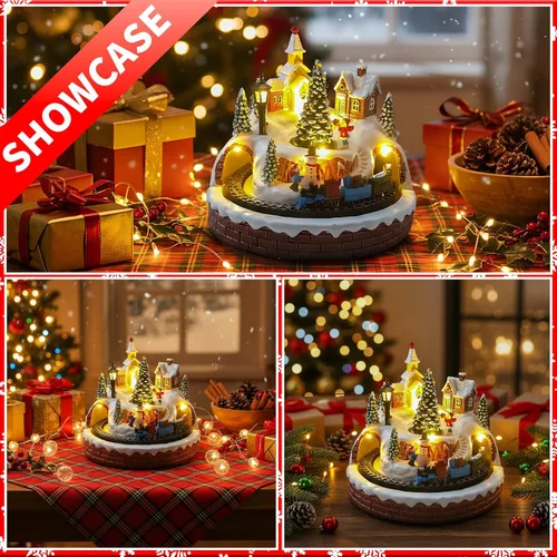 Vista 5 de Decoración de aldea navideña con tren giratorio y árbol de Navidad, edificios coleccionables musicales, 8 canciones, luces LED, función