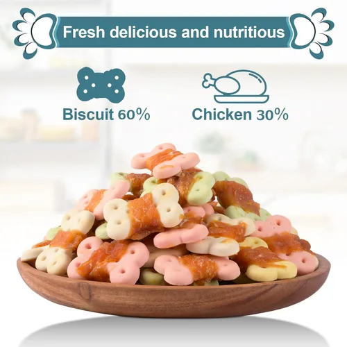 Vista 3 de Golosinas envueltas en pollo para perros, masticables sin cuero crudo, 8 onzas 30% real poultry; 60% baked core; 15% protein; easily digestible