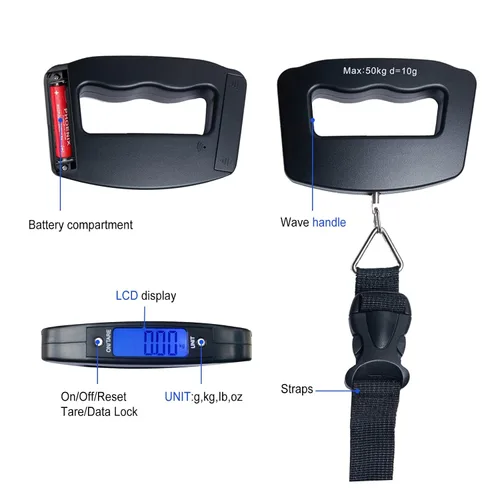 Vista 6 de Báscula digital de equipaje báscula colgante con pantalla LCD retroiluminada, función de tara de hasta 110 libras 110.2 lbs, báscula de equipaje