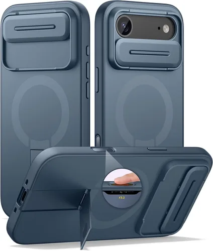 Vista 83 de SURITCH Funda para iPhone 12/12 Pro con cubierta magnética para cámara deslizante y soporte ajustable, compatible con MagSafe, funda protectora Negro