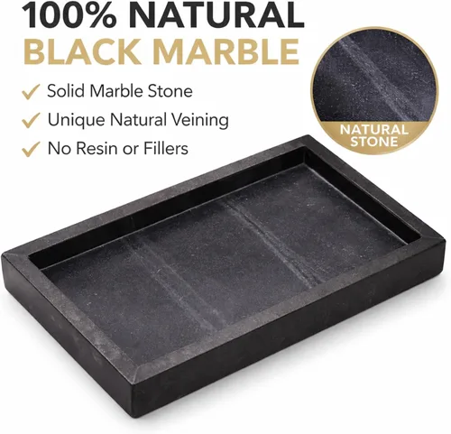 Vista 3 de Bandeja de mármol negro natural para baño, cocina, tocador, escritorio, organizador de piedra para mesa auxiliar, tocador, mesita de noche, velas