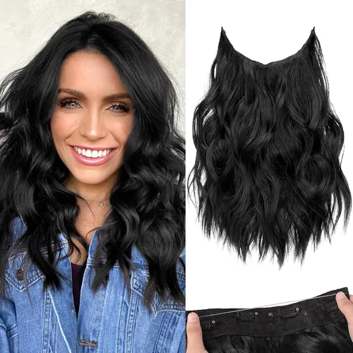 Vista 53 de KooKaStyle - Extensiones de cabello con hilo invisible, diadema transparente, ajustables, 4 clips fijadores, cabello largo y ondulado de 12