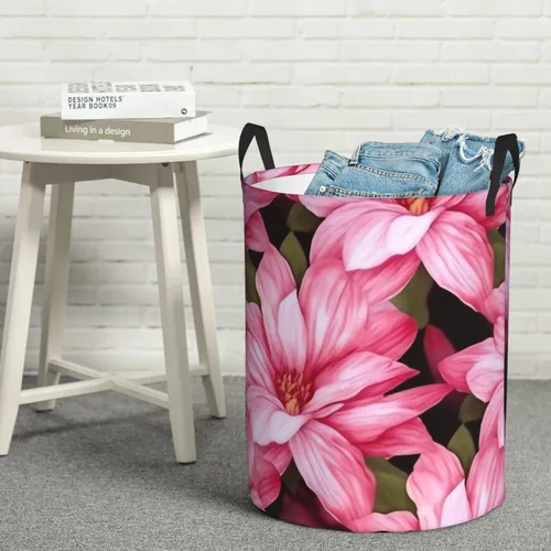 Vista 8 de Beauty pink Floral Flowers print Circular Hamper Waterproof Storage Bin Organizer Basket Laundry Hamper With Handles For Clothes Toys Medium