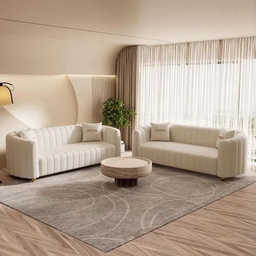Vista 10 de Moderno juego de sofá de terciopelo negro de 3 piezas para sala de estar, juego de sofá curvado acolchado con patas de esfera de metal dorado