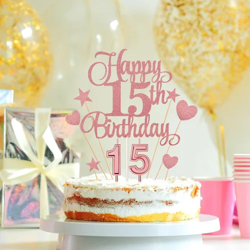 Vista 6 de El juego de decoraciones para tartas de cumpleaños de 15 años incluye velas digitales 1 y 5 números 15 velas para tartas y adornos de feliz Serie