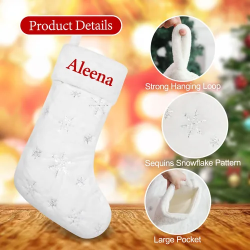Vista 2 de 1 pieza de medias de Navidad personalizadas, medias de Navidad colgantes de felpa de piel sintética blanca con nombres, medias de Navidad grandes