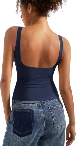 Vista 16 de SUUKSESS Camisetas sin mangas con respaldo abierto y cuello barco acolchado para mujer, con doble forro, camisas básicas Negro (Black Polka Dots)