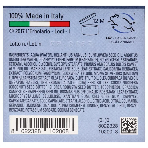 Vista 4 de L'Erbolario Fior Di Salina Crema Corporal - Hidratante calmante de sal marina para piel seca - Rica en calcio y magnesio - Con manteca de cacao