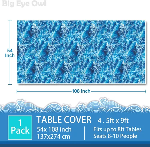 Vista 2 de Mantel de plástico con estampado de olas del océano azul bajo el mar, para playa, piscina, fiesta de cumpleaños, suministros de decoración