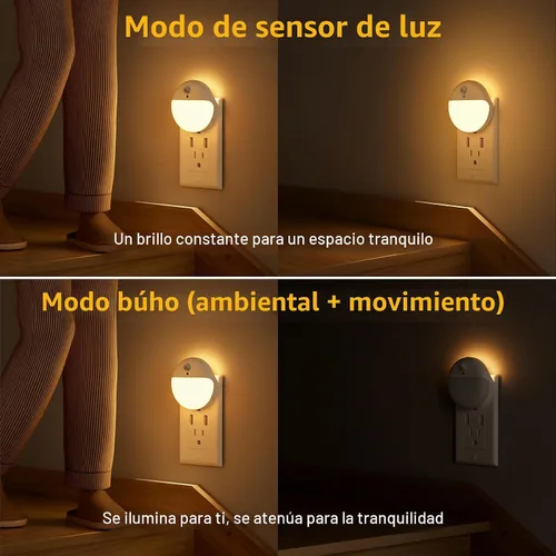Vista 3 de YUNLEX Paquete de 2 luces nocturnas enchufables con sensor de movimiento y sensor de atardecer a amanecer, atenuación continua, luz nocturna LED
