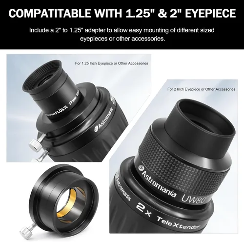 Vista 4 de Astromania Barlow Lens 2x, 2 pulgadas, 4 elementos totalmente multicapa de metal de alta potencia, accesorio de telescopio con anillo interno