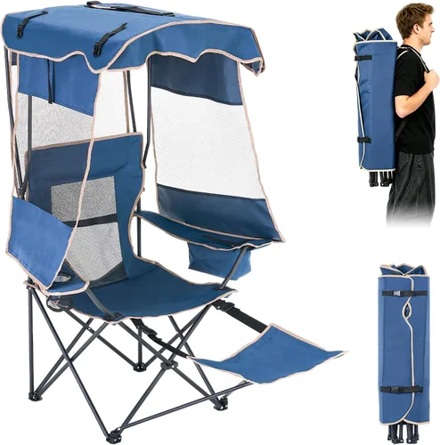 Vista 15 de ABORON Silla de camping con toldo, silla de playa plegable con sombra, silla portátil para exteriores con portavasos y bolsa refrigeradora