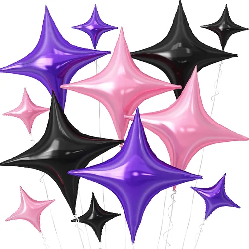 Vista 10 de Globos de Estrella Negra, 12 Piezas Globos de Papel de Aluminio de Estrella de Cuatro Ángulos, 26 Pulgadas y 10 Pulgadas Globo de Película de Negro