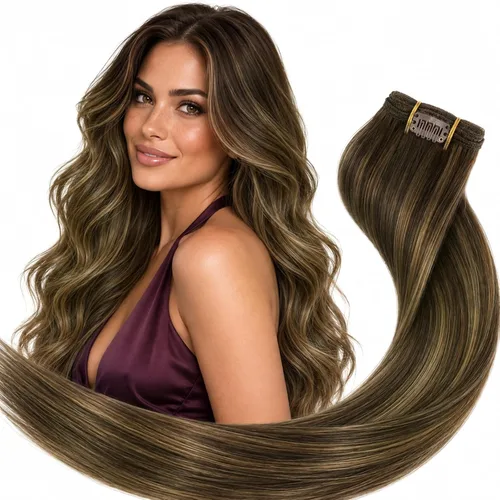 Vista 28 de Ve Sunny Extensiones de cabello humano real con clip balayage, color marrón castaño degradado a rubio, 12 pulgadas, 5 unidades, 2.82 onzas