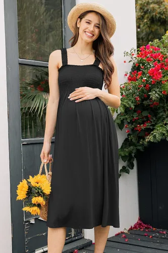 Vista 2 de Vestido de maternidad midi fruncido con bolsillos para mujer
