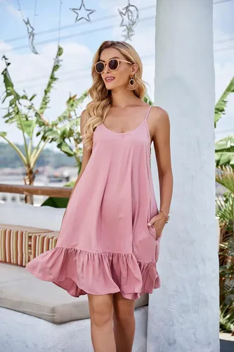 Vista 2 de BUENOS NINOS - Vestido de verano floral con cuello en V para mujer, estampado bohemio, tirantes delgados ajustables, vestido corto con bolsillos