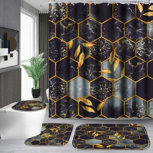 Vista 9 de Poedist Juego de 4 cortinas de ducha de baño, juegos de baño con alfombras (tapete de baño, forma de U y tapa de inodoro) y 12 ganchos, mármol