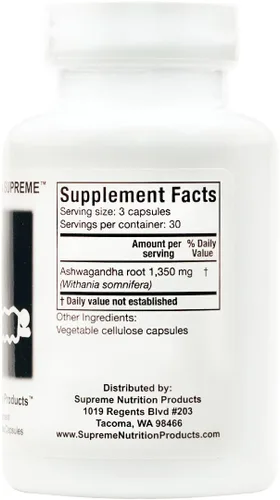 Vista 3 de Supreme Nutrition Ashwagandha Supreme, 90 cápsulas vegetarianas puras de Ashwagandha