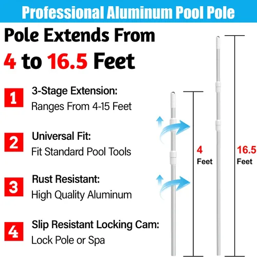 Vista 2 de YEECHUN Poste de piscina profesional de 16.5 pies telescópico de aluminio resistente, longitud ajustable de 6.5 a 16.5 pies, poste universal