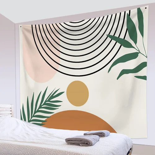 Vista 9 de Tapiz bohemio de mediados de siglo, moderno abstracto geométrico, tapiz con diseño de arco de sol, hojas verdes, tapices para colgar en la pared, 59